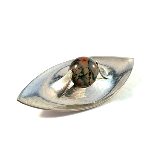 Elis Kauppi,  Kupittaan Kulta Finland 1963 Solid Silver Moss Agate Brooch.