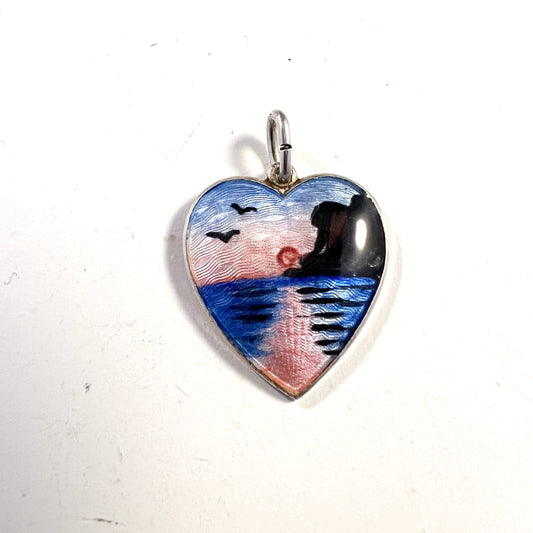 Ivar T Holth, Norway. Vintage c 1950s Sterling Silver Enamel Lord's Prayer Heart Pendant.