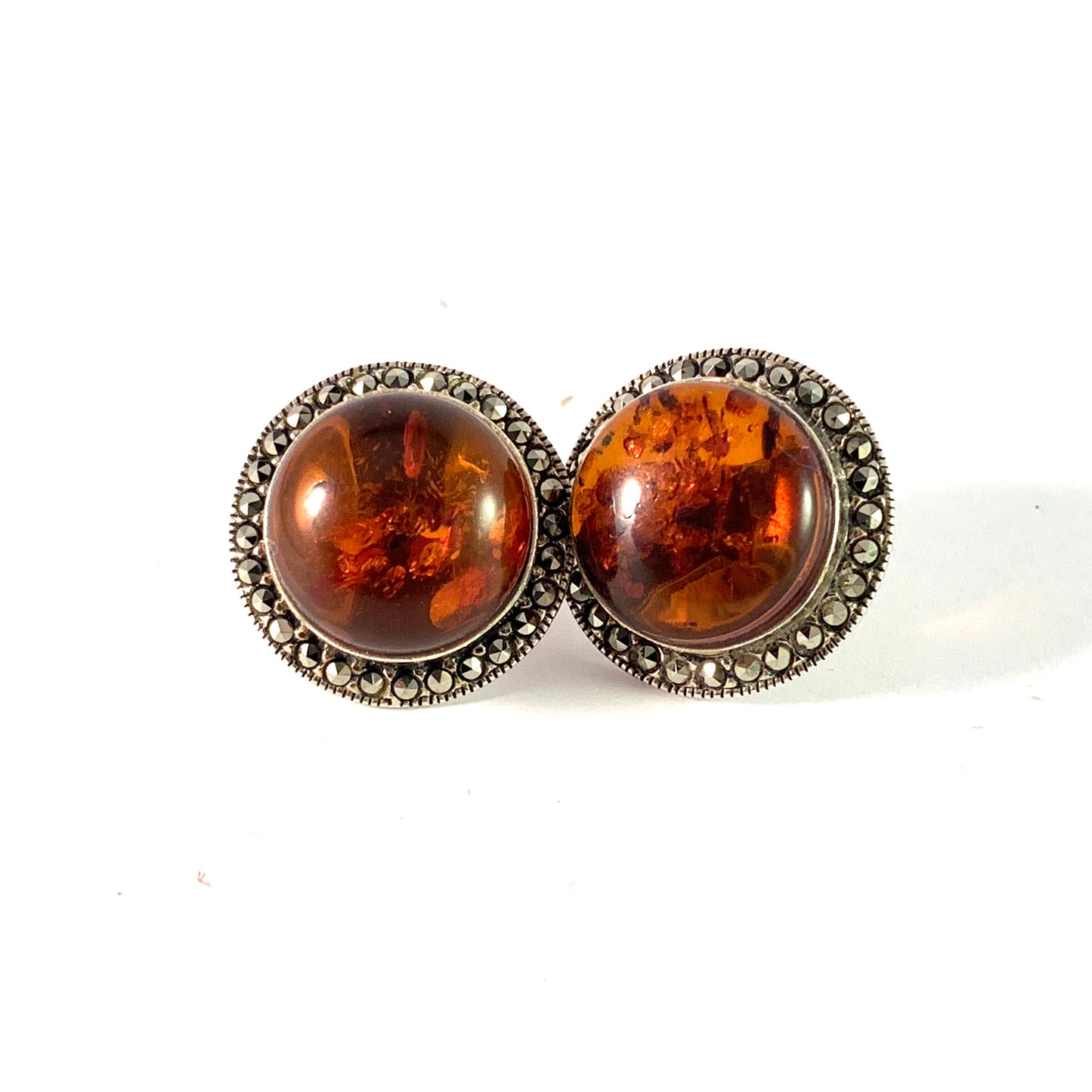 Maker TH, North Continental Europe Vintage Sterling Silver Amber Marcasite Large Stud Earrings.