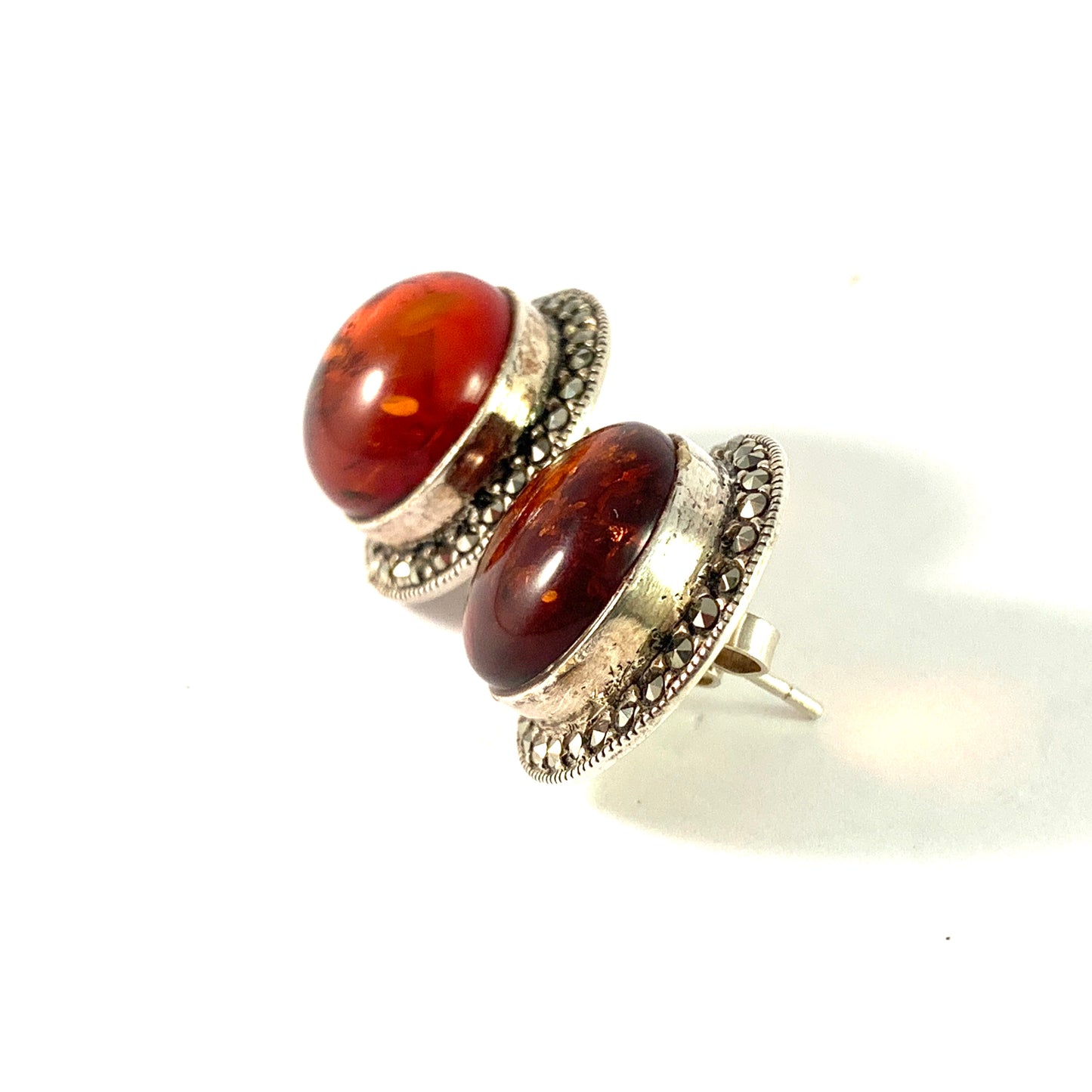 Maker TH, North Continental Europe Vintage Sterling Silver Amber Marcasite Large Stud Earrings.