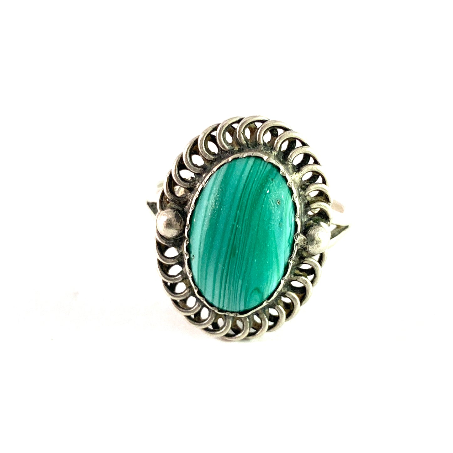 Denmark Early 1900s Solid 830 Silver Malachite Ring.