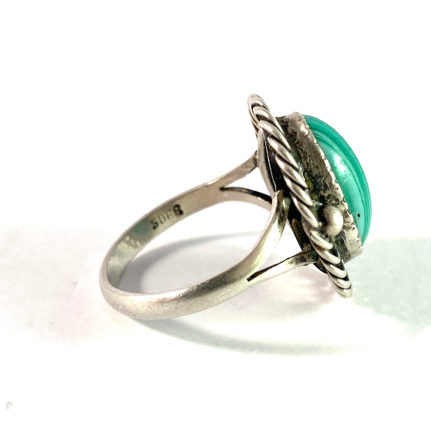 Denmark Early 1900s Solid 830 Silver Malachite Ring.