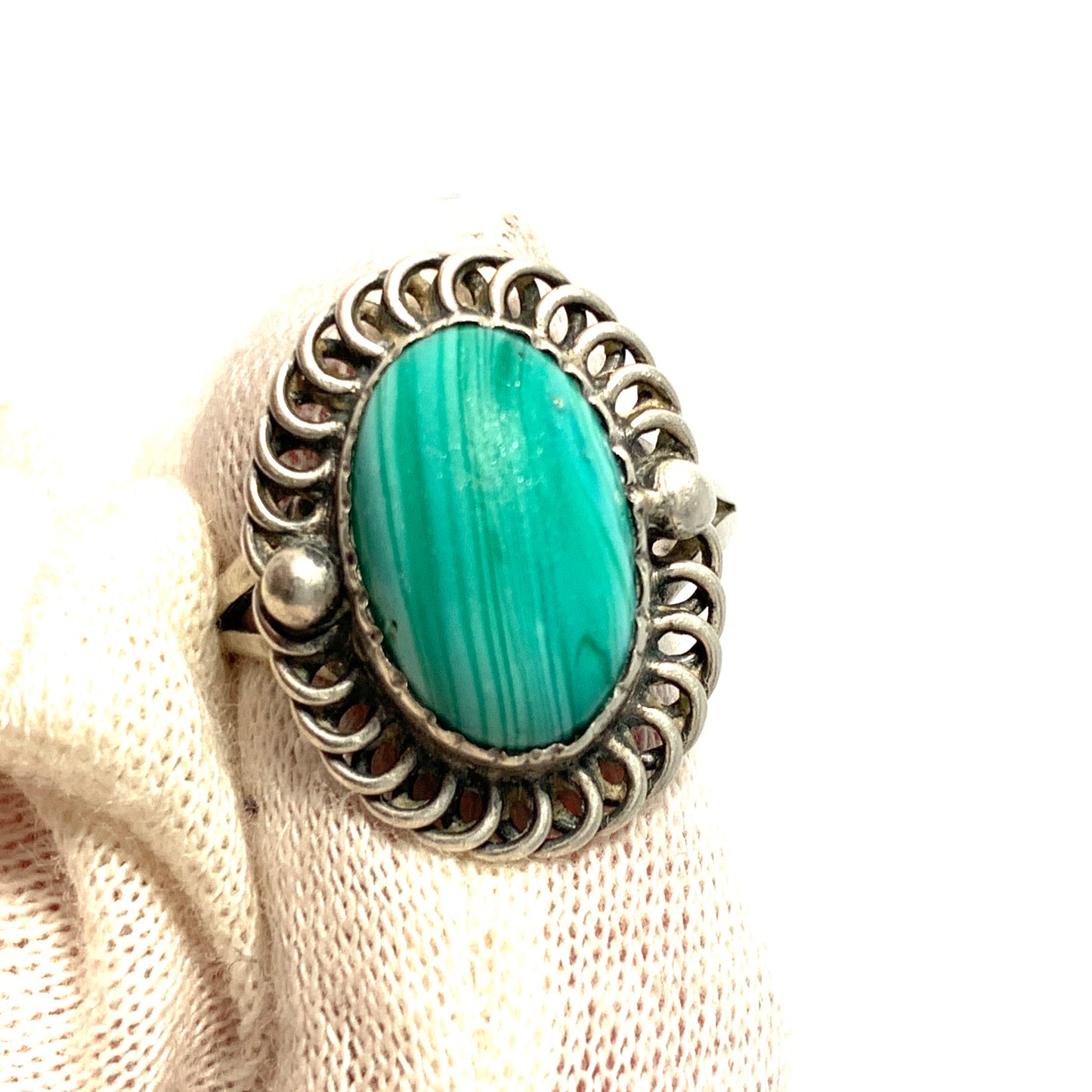 Denmark Early 1900s Solid 830 Silver Malachite Ring.