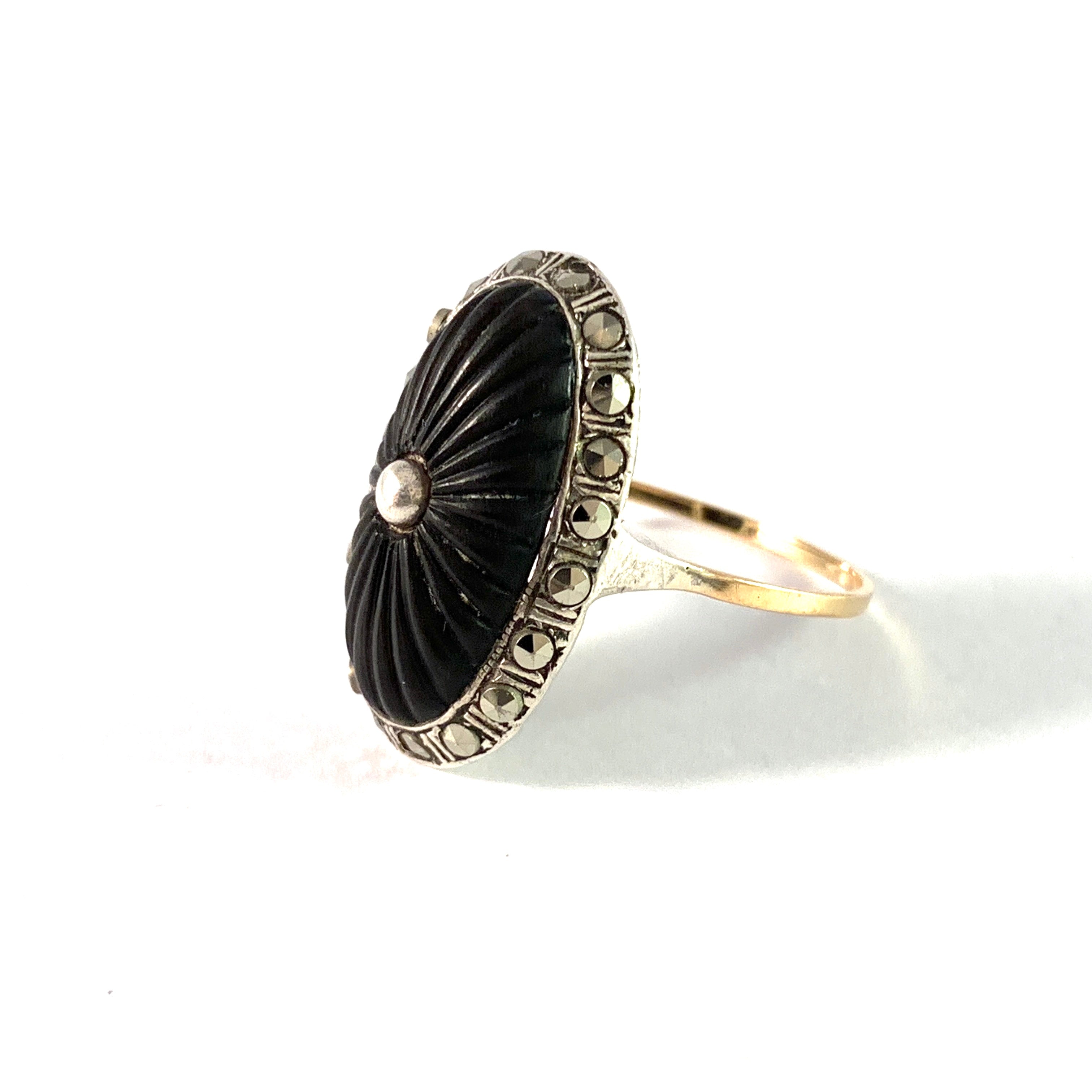 Sweden. Antique Early 1900s 18k Gold Silver Jet Marcasite Mourning Ring.