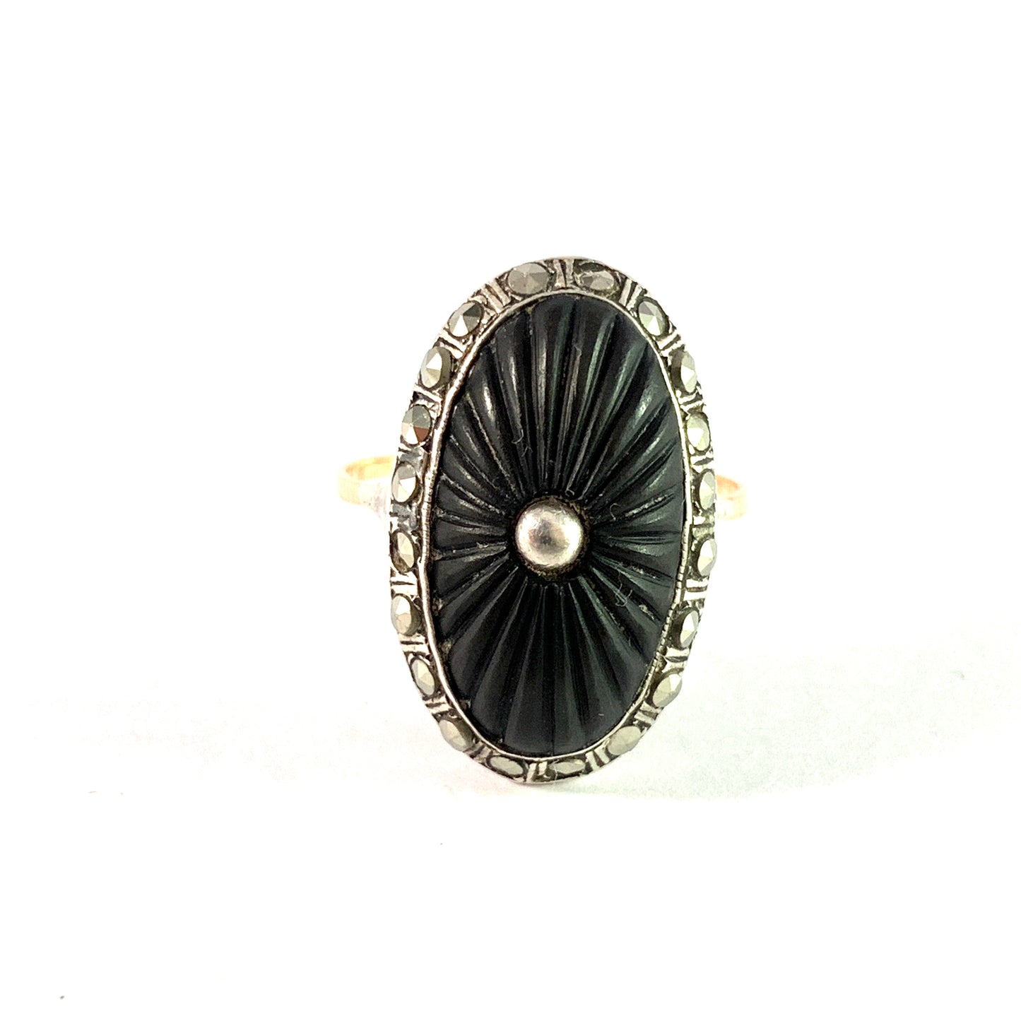 Sweden. Antique Early 1900s 18k Gold Silver Jet Marcasite Mourning Ring.