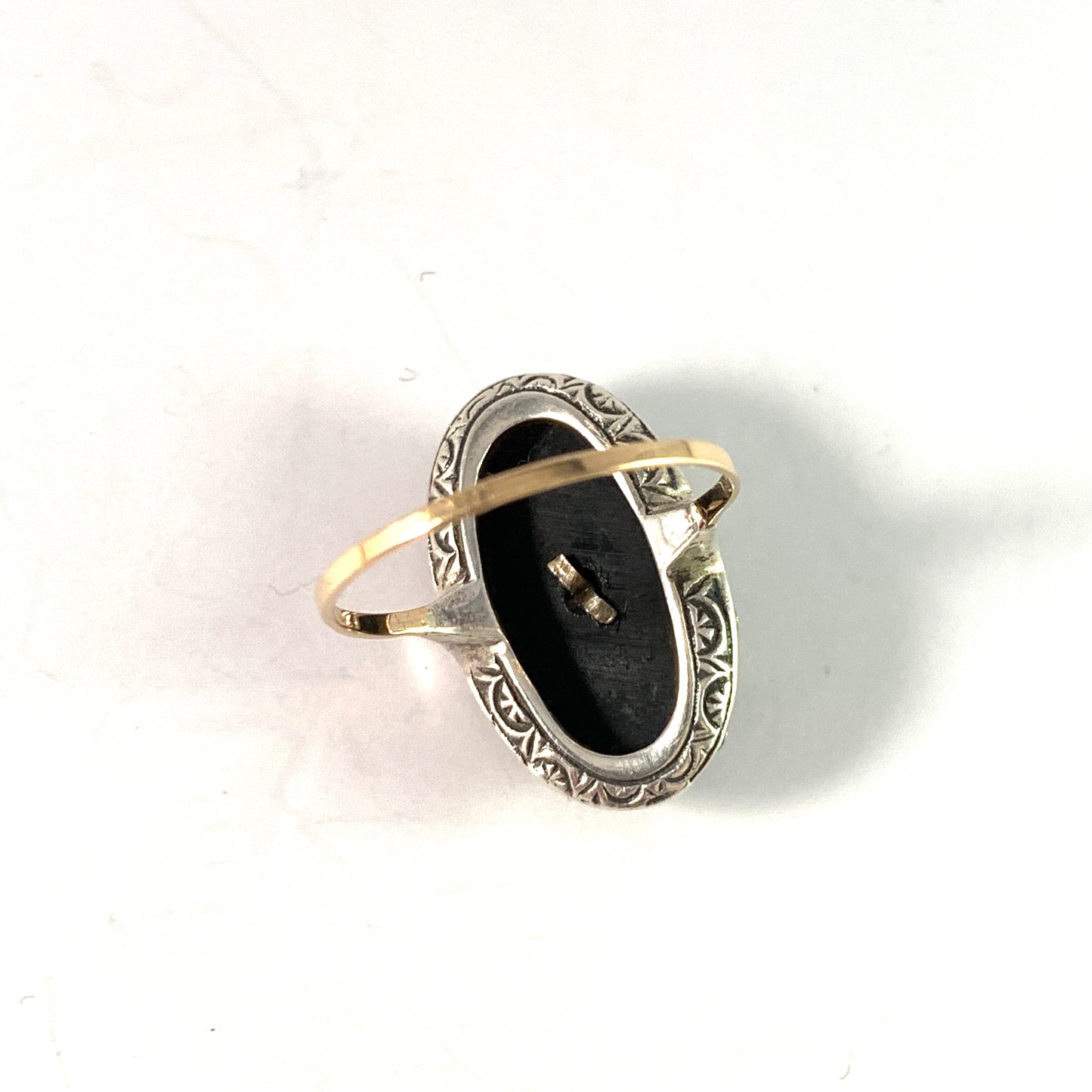 Sweden. Antique Early 1900s 18k Gold Silver Jet Marcasite Mourning Ring.