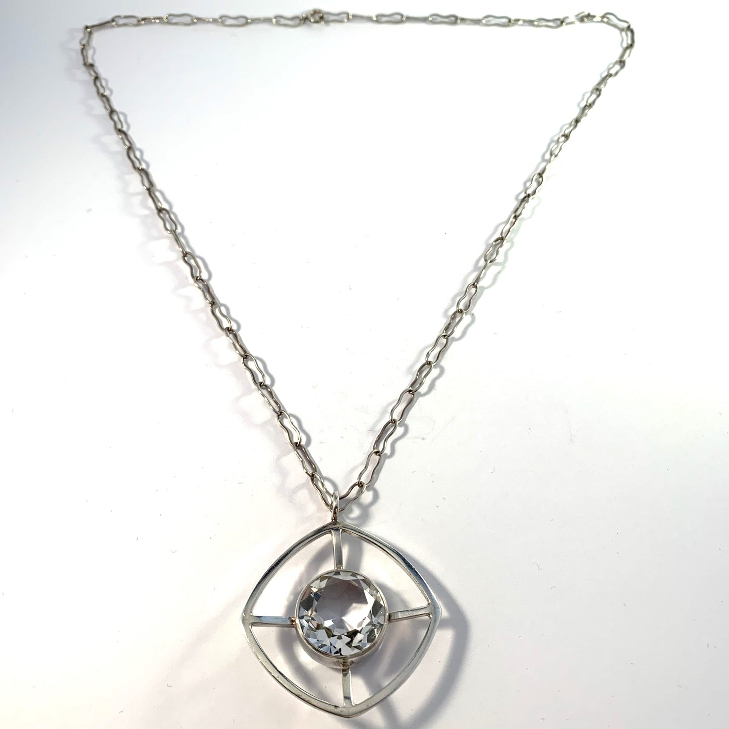 Mats Fridmark, Stockholm 1969 Sterling Silver Rock Crystal Modernist Pendant Necklace.