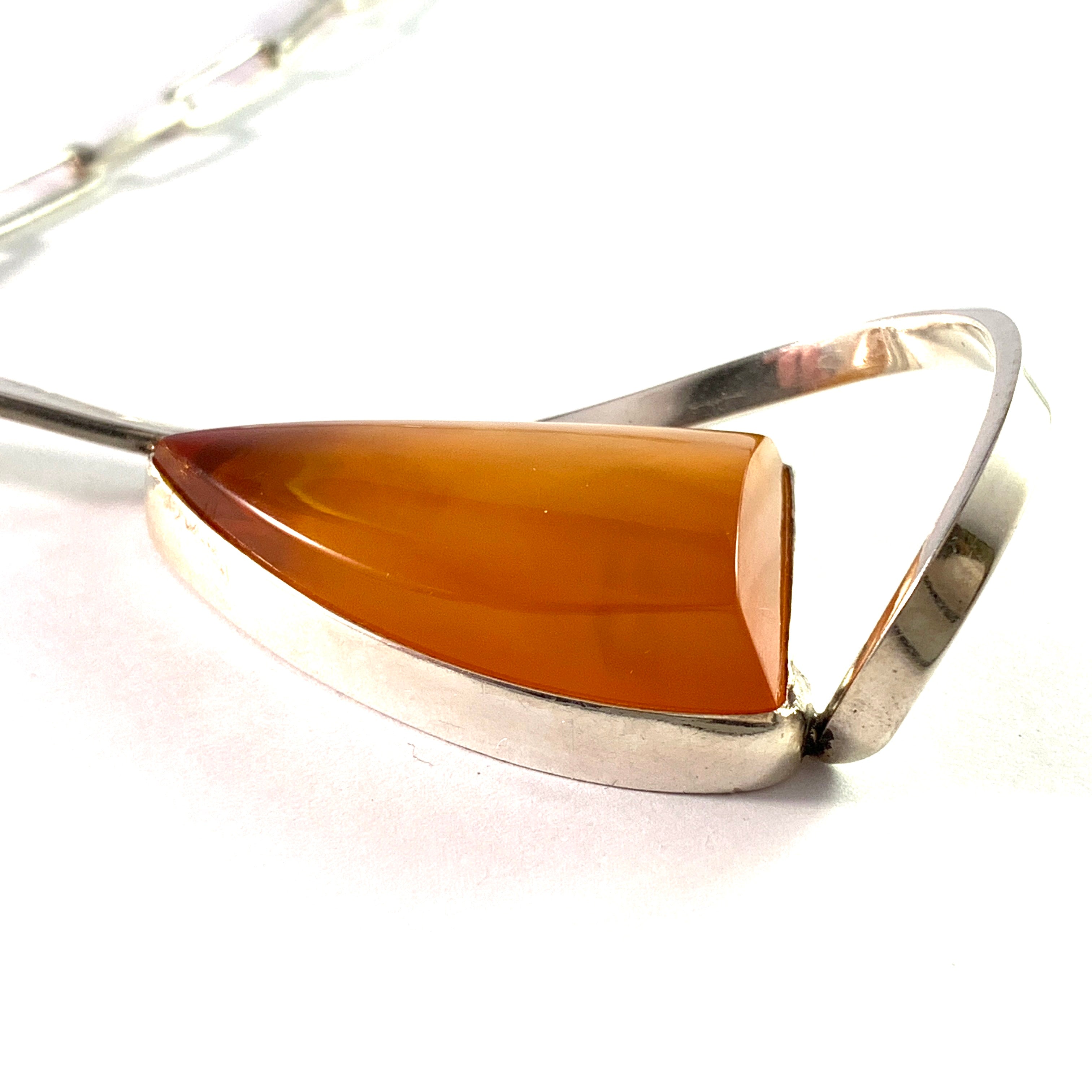 Maker SW, Warzaw, Poland 1963 - 85. Large Vintage 800 Silver Baltic Amber Pendant Necklace.