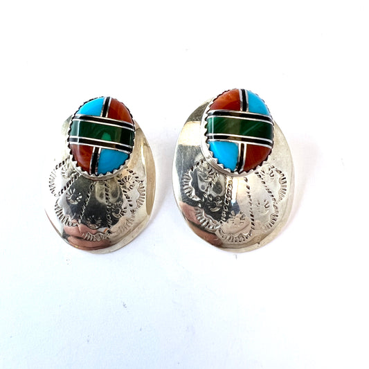Vintage Native American Sterling Silver Stone Inlay Earrings. Makers Mark.