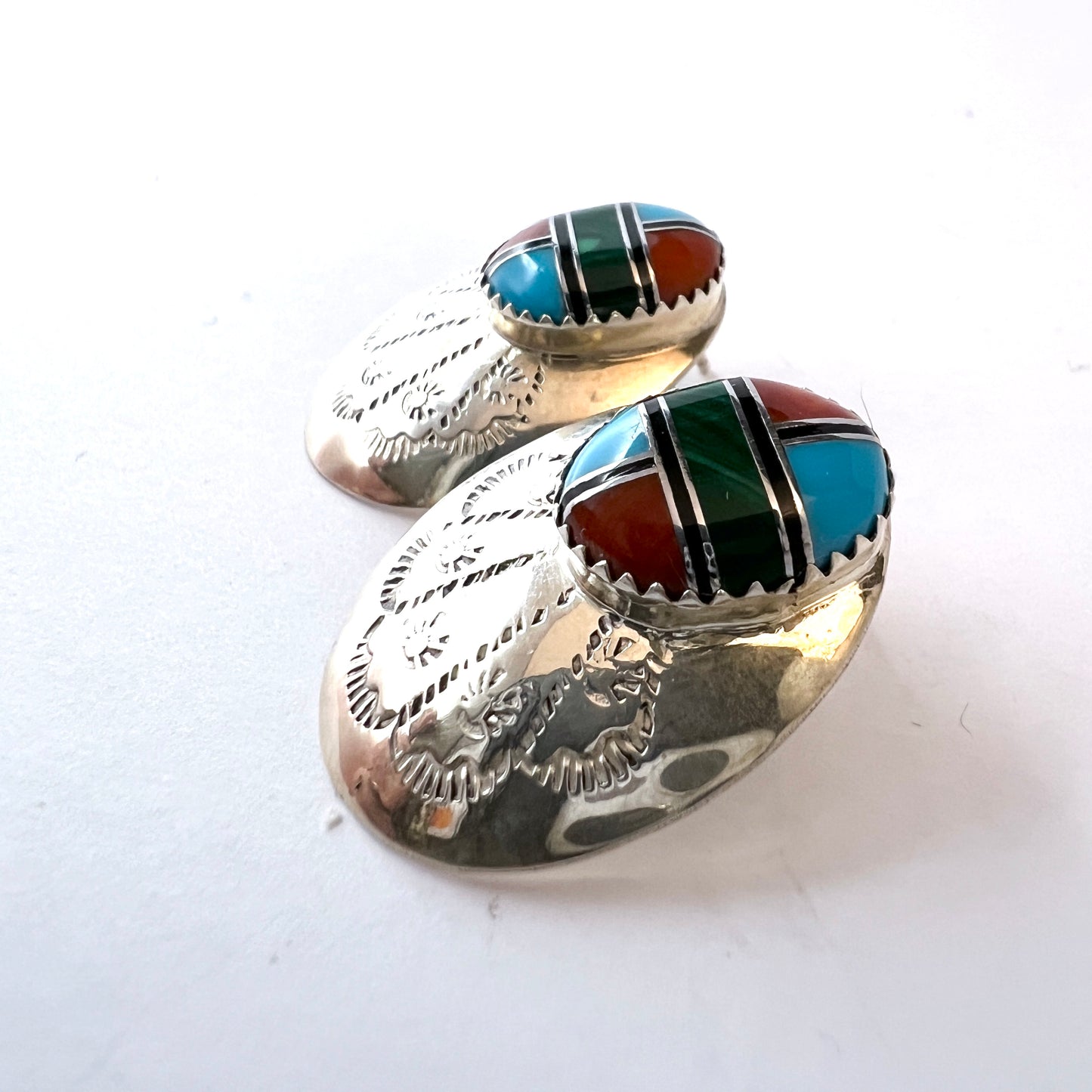 Vintage Native American Sterling Silver Stone Inlay Earrings. Makers Mark.