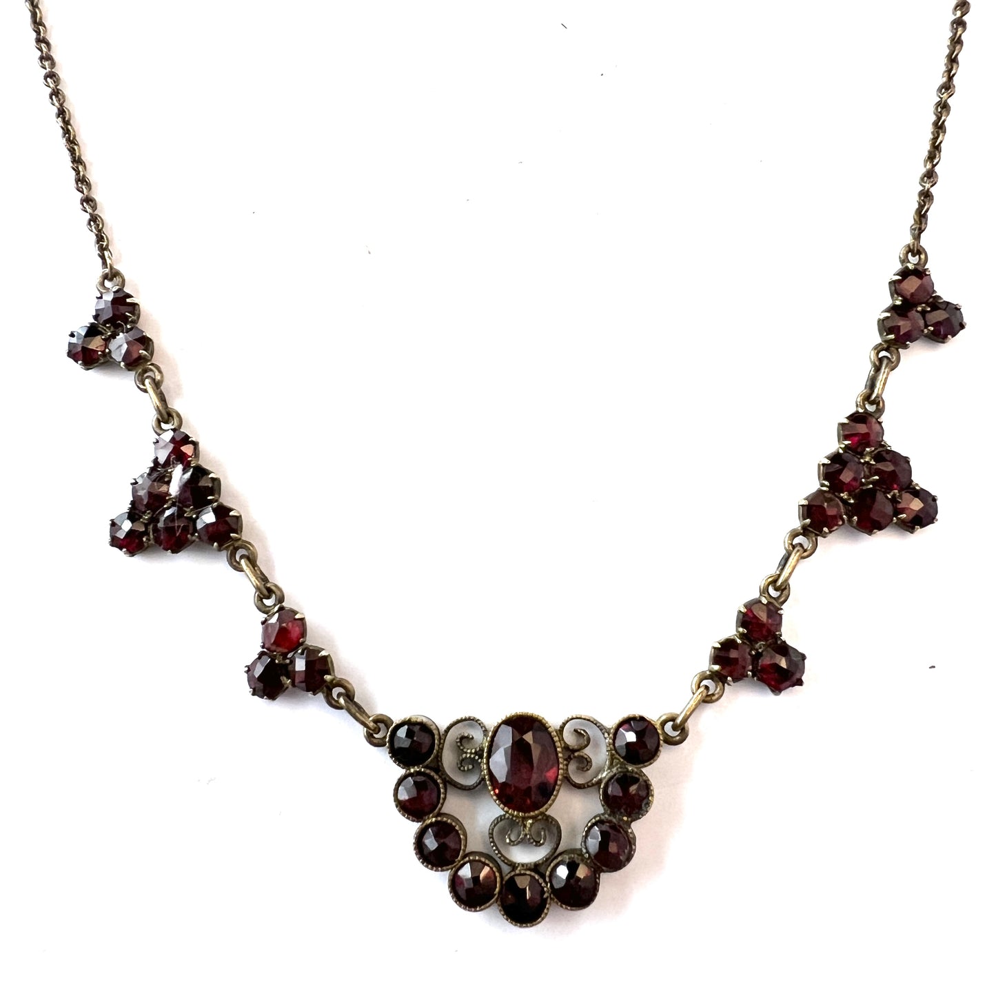 Early to Mid 1900s. Bohemian Garnet Gilt Metal Necklace. Makers Mark.