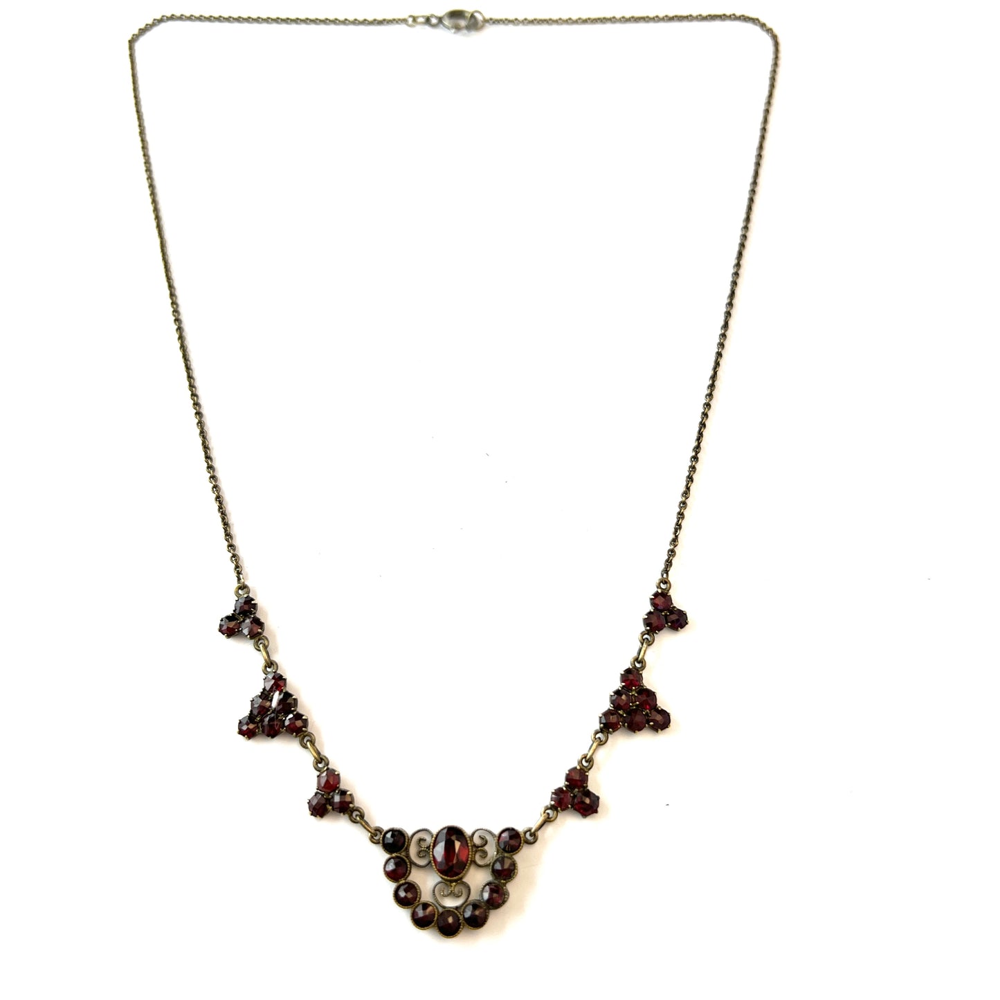 Early to Mid 1900s. Bohemian Garnet Gilt Metal Necklace. Makers Mark.