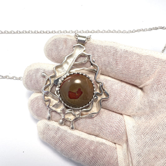Maker PG.GG Iceland. Vintage Modernist Sterling Silver Local Hardstone Pendant Necklace.