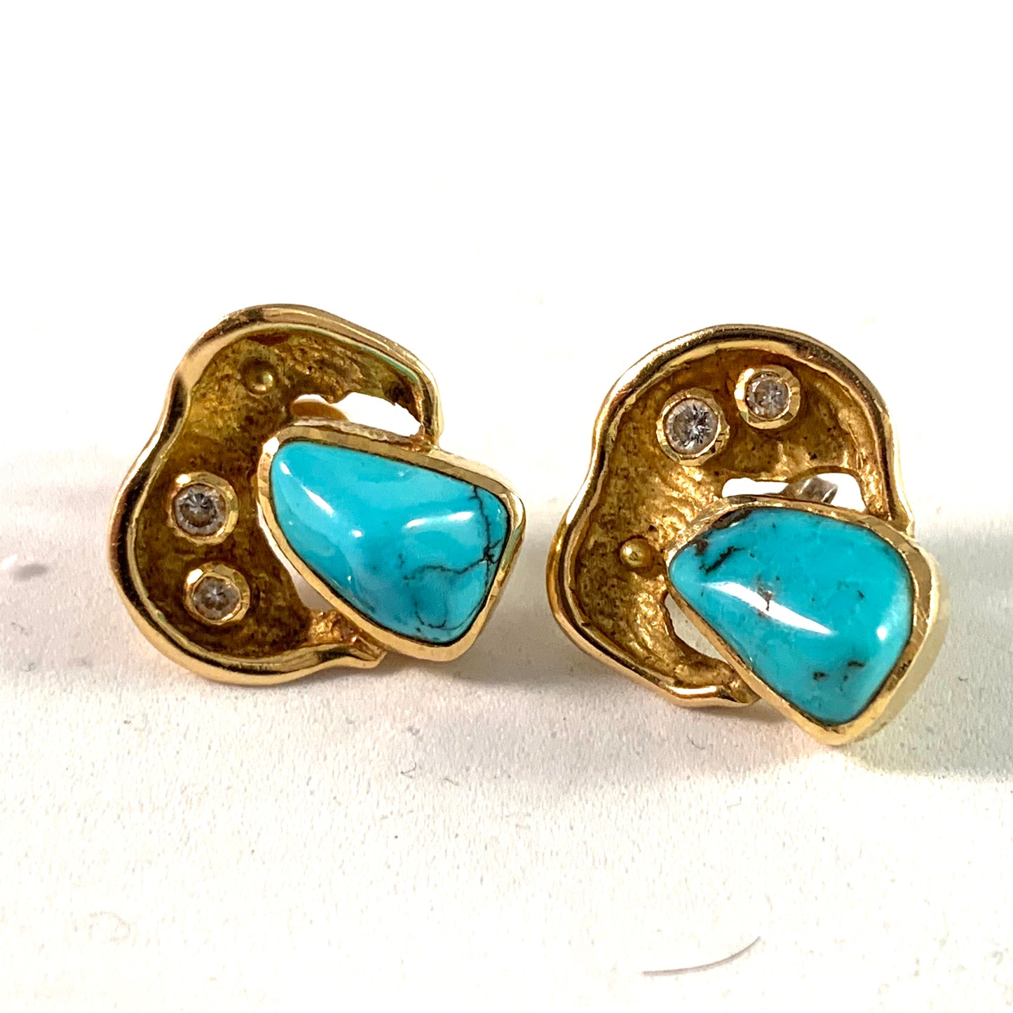 John Victor Rørvig, Denmark Vintage 18k Gold Diamond Turquoise Earrings