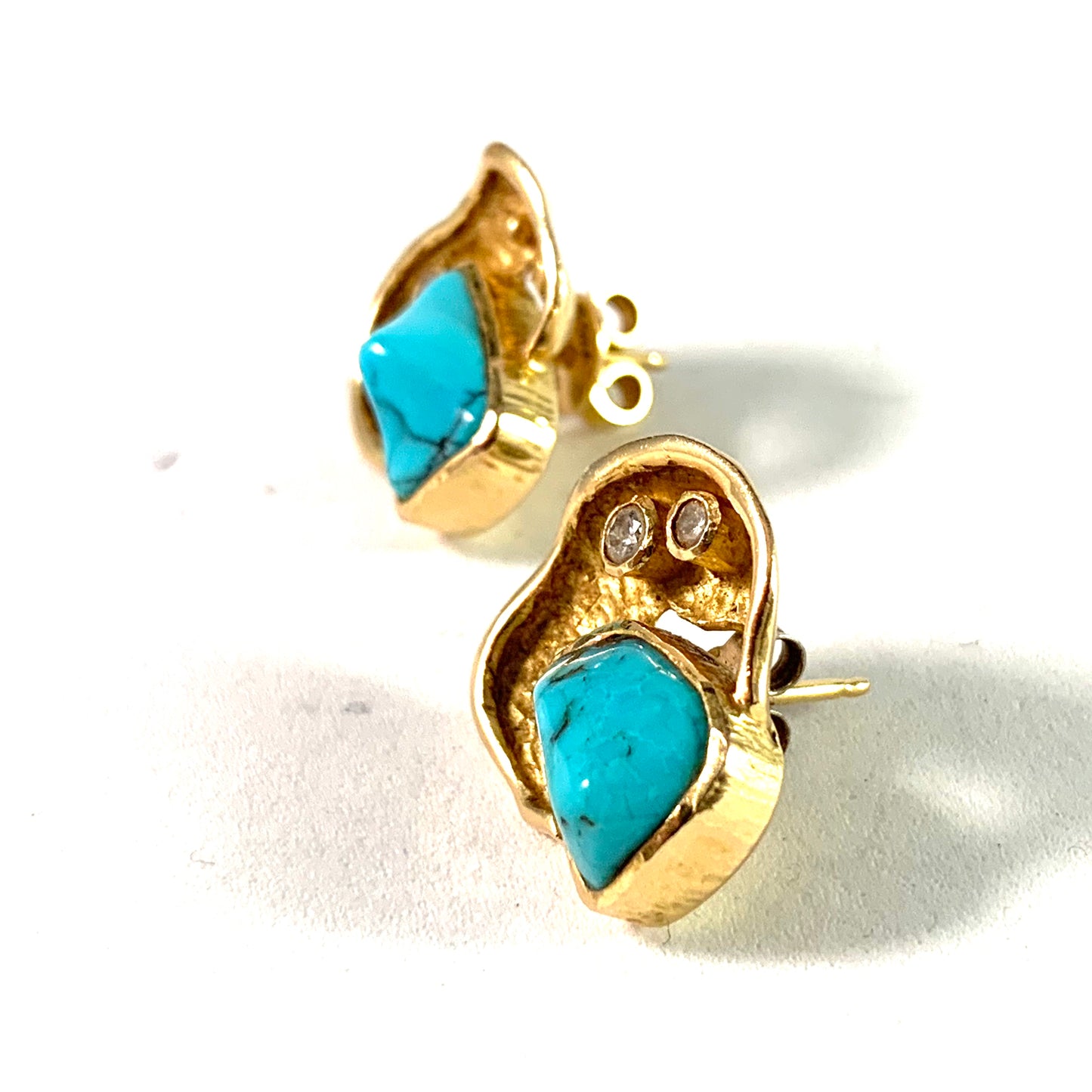 John Victor Rørvig, Denmark Vintage 18k Gold Diamond Turquoise Earrings