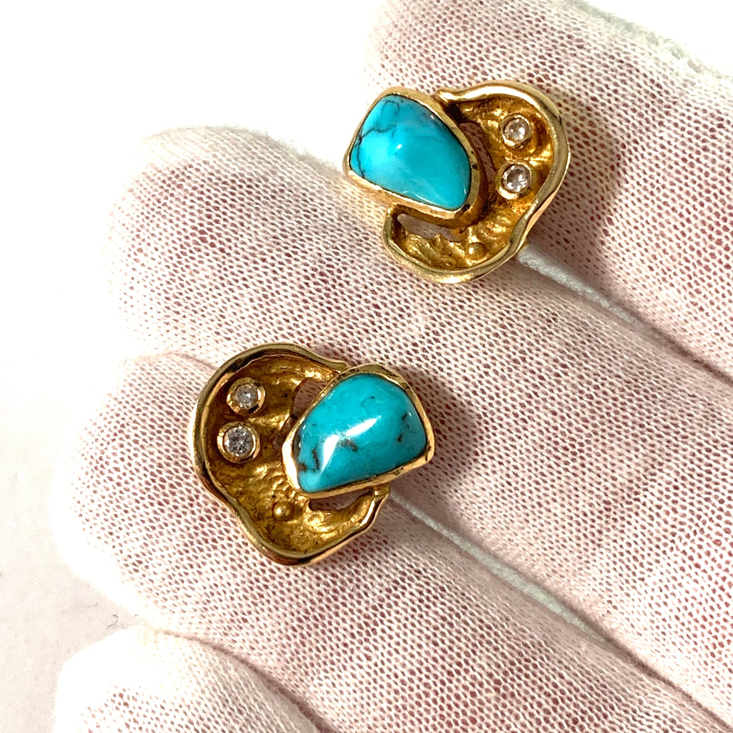 John Victor Rørvig, Denmark Vintage 18k Gold Diamond Turquoise Earrings