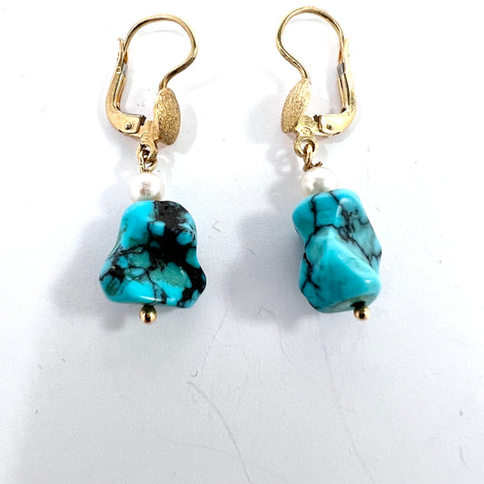 Sweden. Vintage 18k Gold  Turquoise Pearl Earrings.