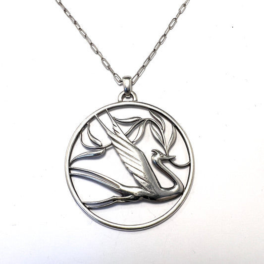 G Dahlgren, Sweden 1944. Large Vintage War-Time Sterling Silver Swallow of Peace Pendant Necklace.