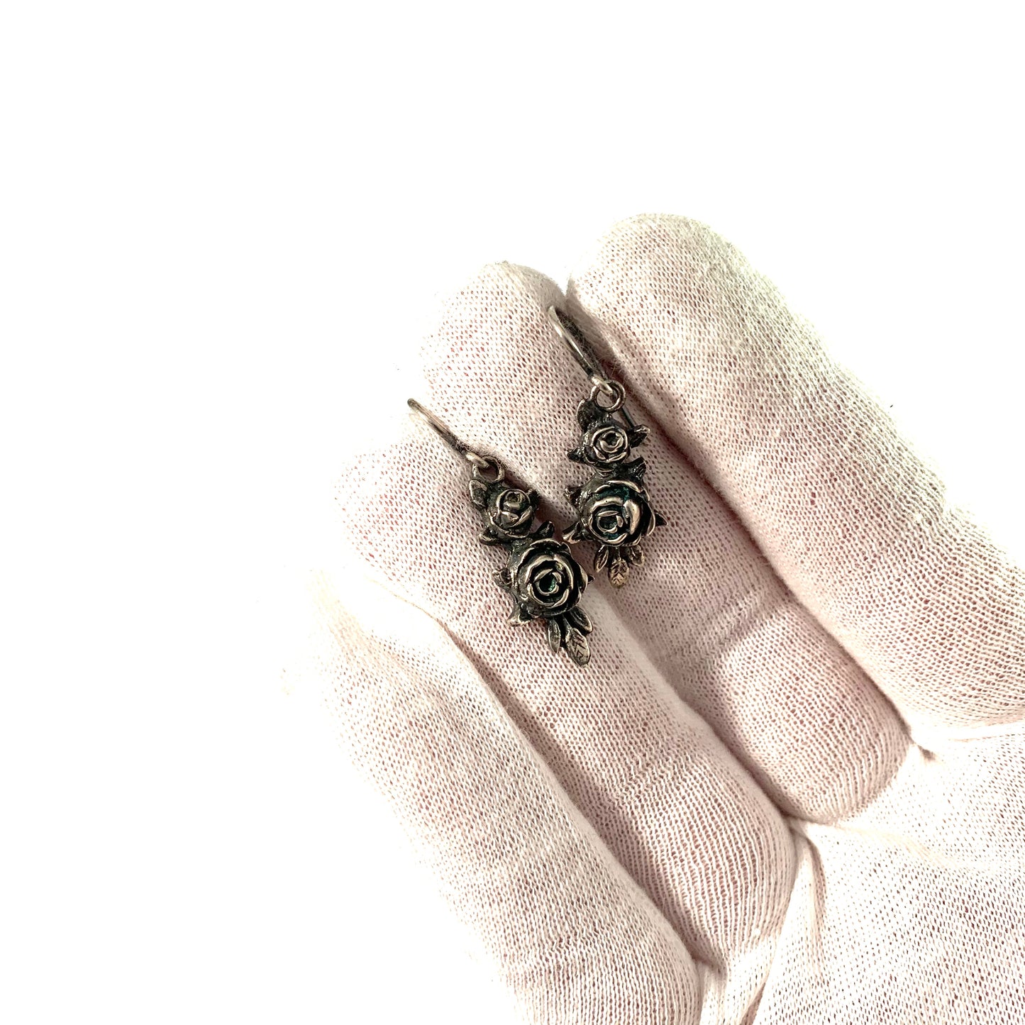 Finland, Mid Century Solid Silver Rose Flower Pair of Earrings.