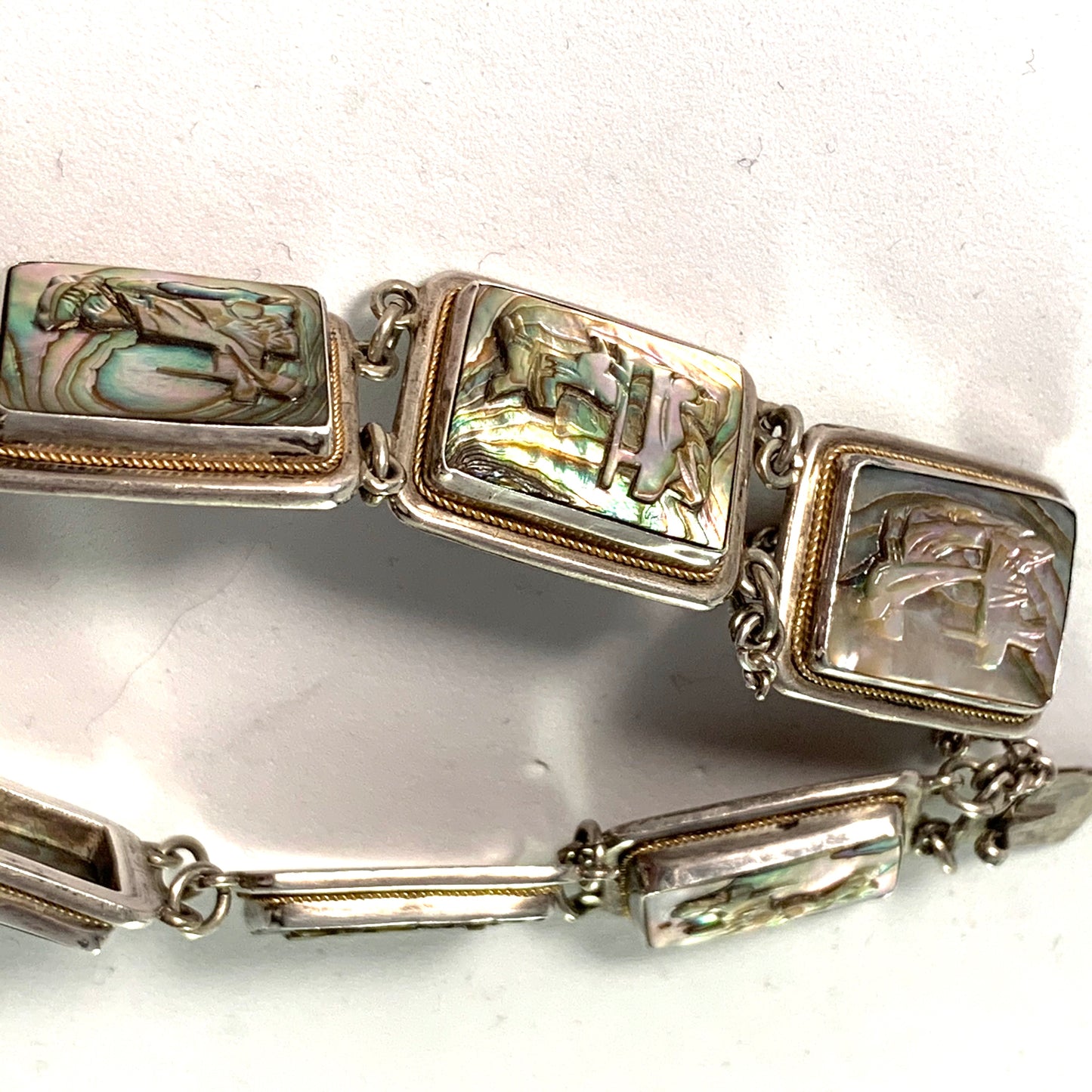 Italy Vintage 800 Silver Carved Abalone Bracelet.