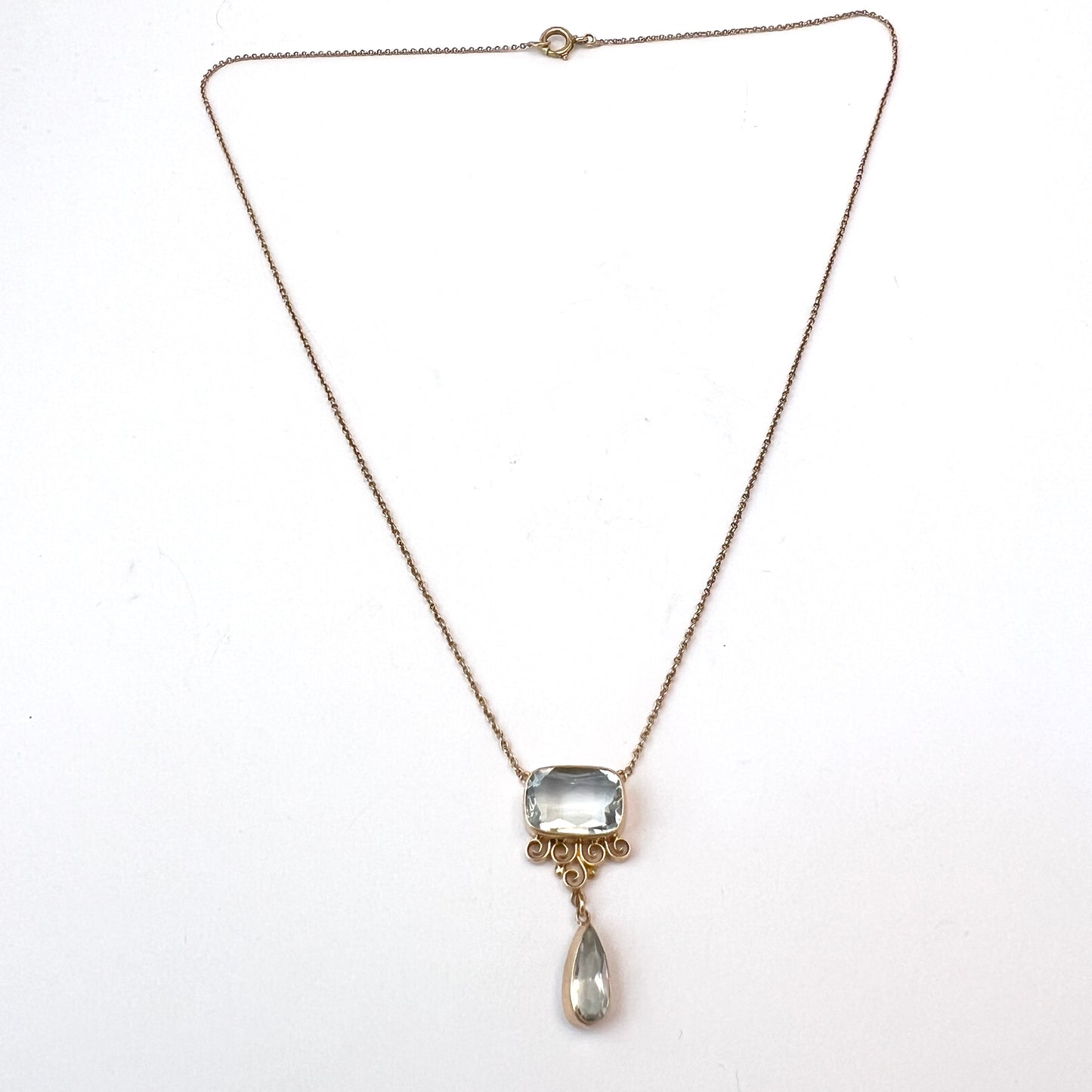 Antique c 1910s 14k Gold Pale Blue Paste Pendant Necklace.