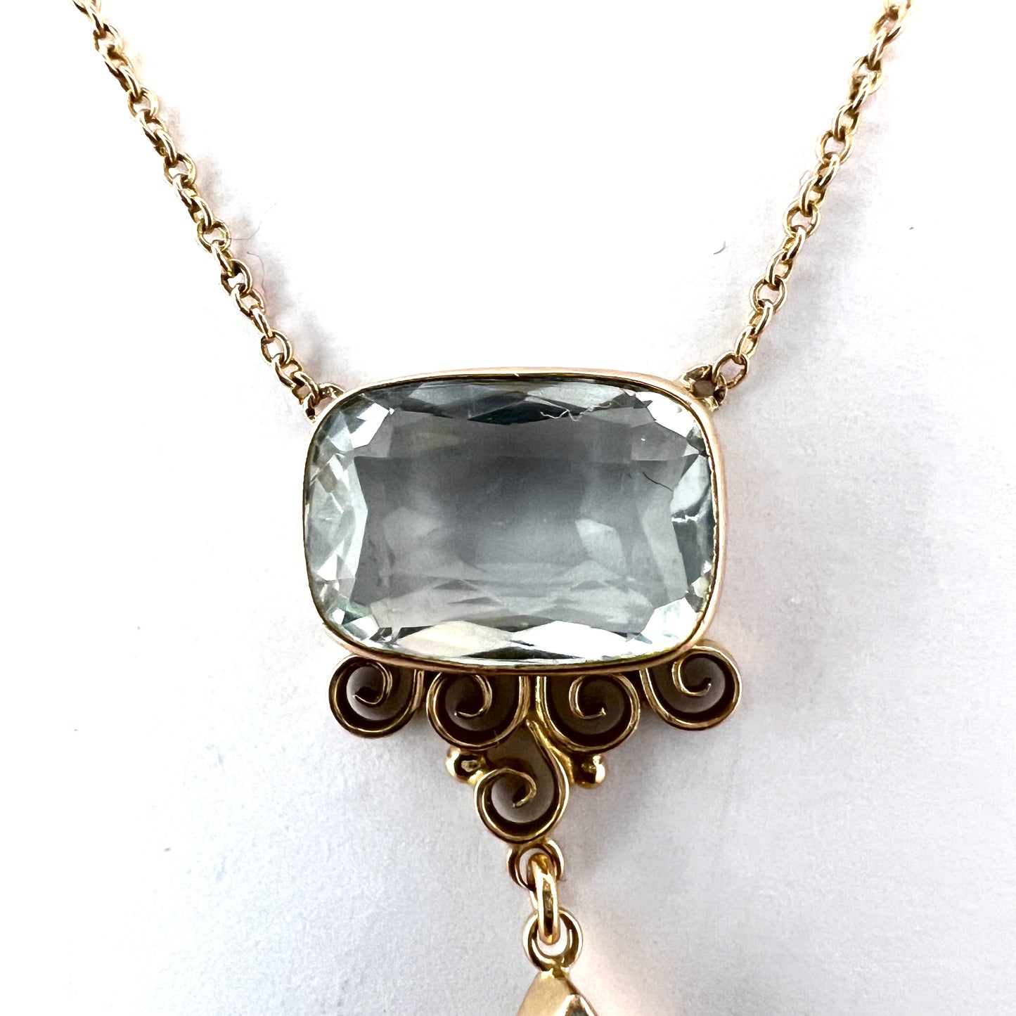 Antique c 1910s 14k Gold Pale Blue Paste Pendant Necklace.