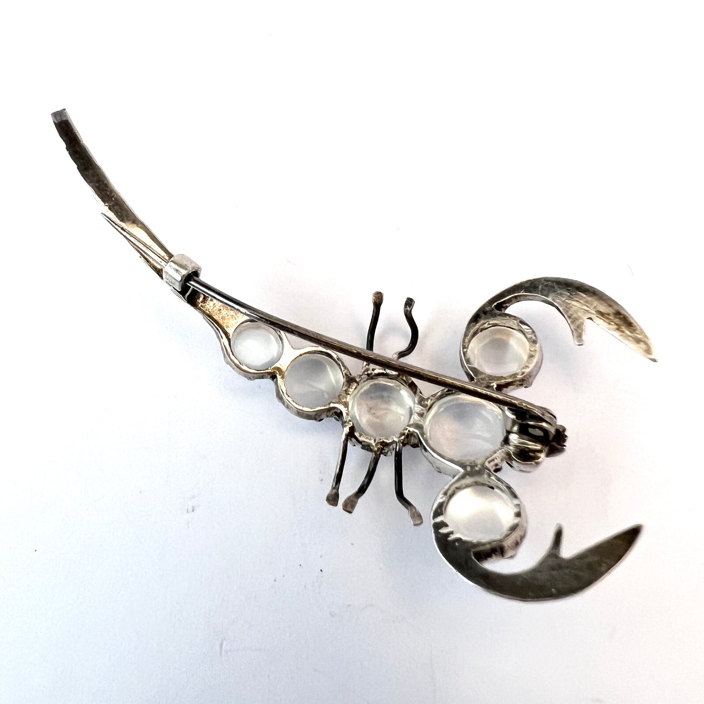 Antique or Vintage Sterling Silver Moonstone Scorpion Brooch.