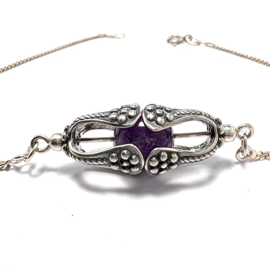 Vintage Sterling Silver Trapped Amethyst Ball Pendant Necklace. Possibly Finland.
