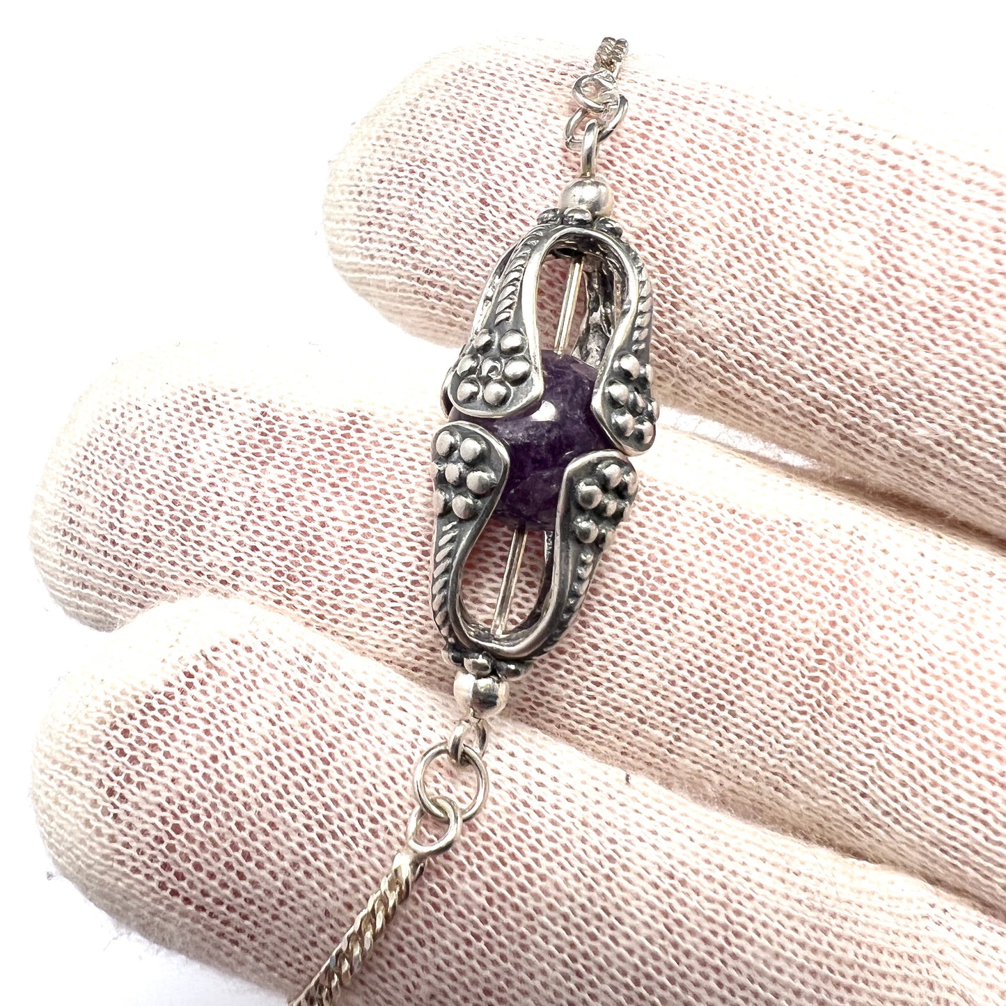 Vintage Sterling Silver Trapped Amethyst Ball Pendant Necklace. Possibly Finland.