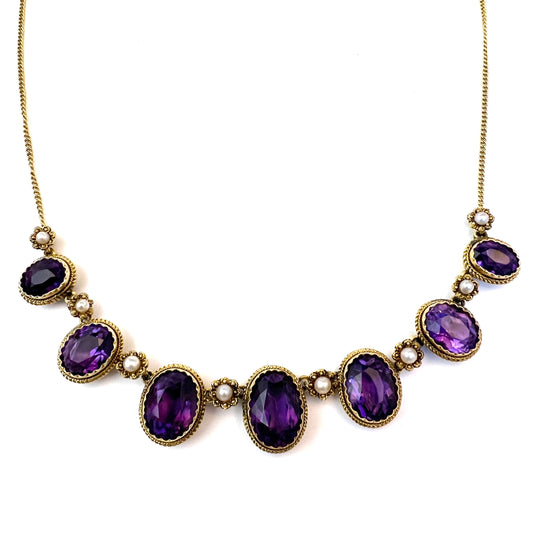 France. Antique Late Victorian 14k Gold Amethyst Pearl Necklace.