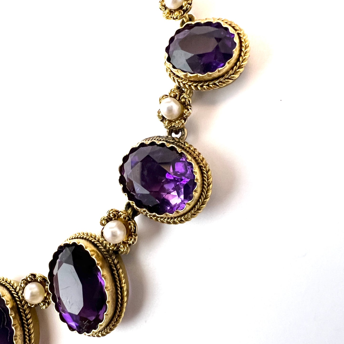 France. Antique Late Victorian 14k Gold Amethyst Pearl Necklace.