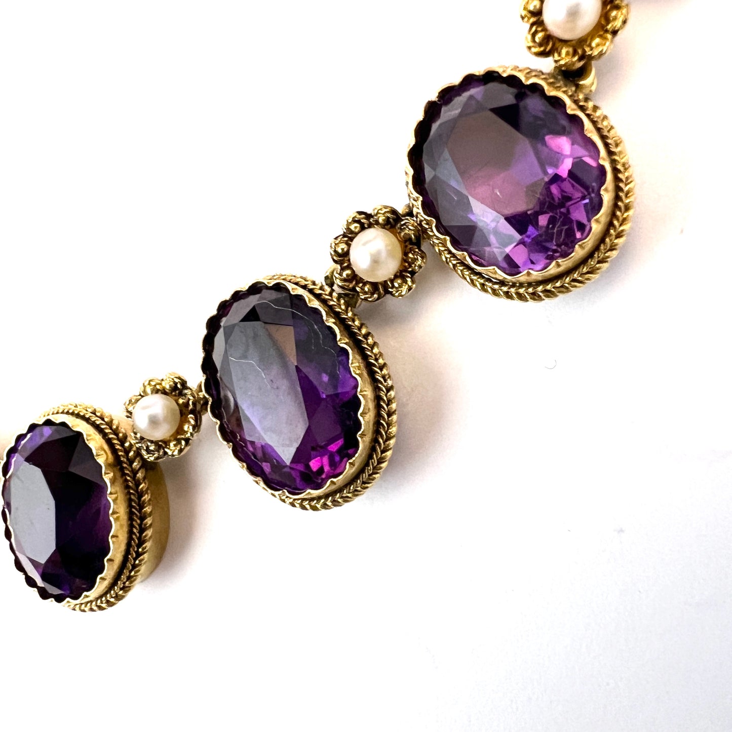 France. Antique Late Victorian 14k Gold Amethyst Pearl Necklace.