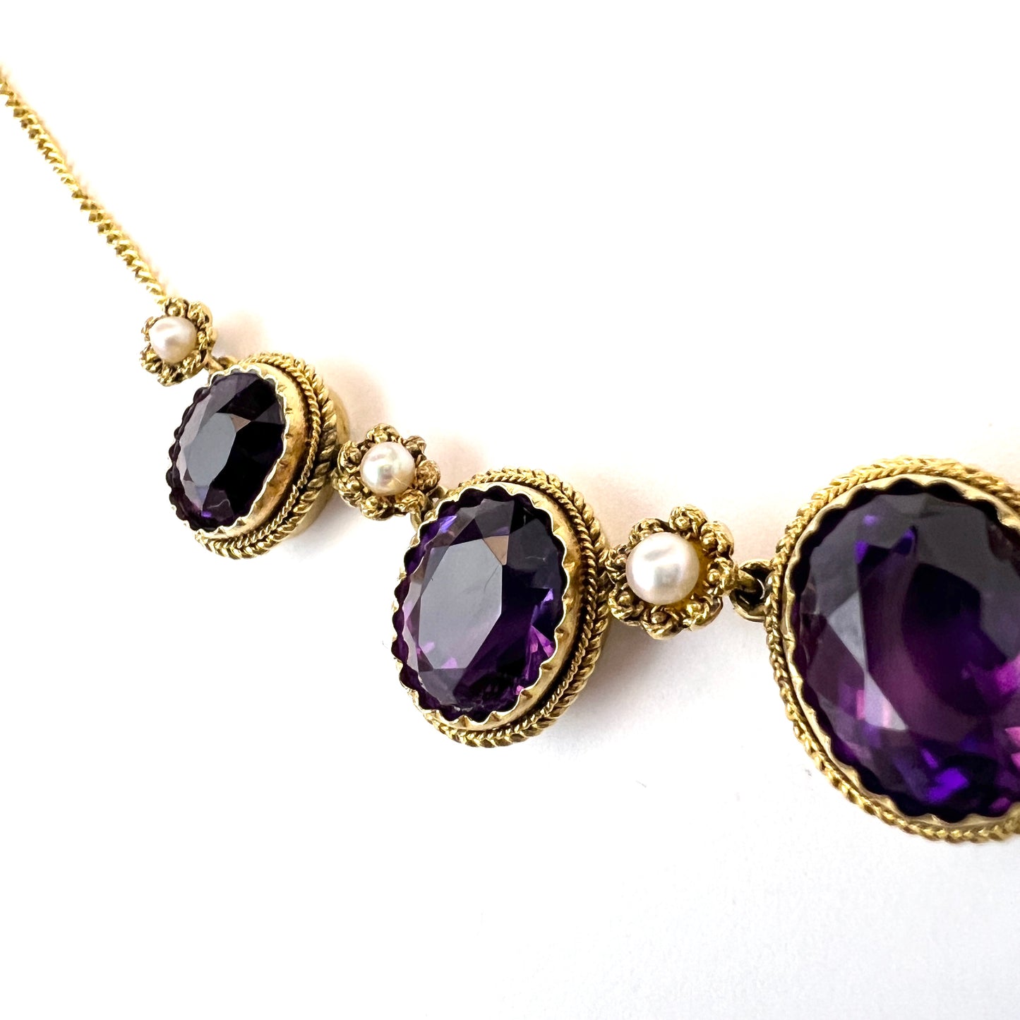 France. Antique Late Victorian 14k Gold Amethyst Pearl Necklace.