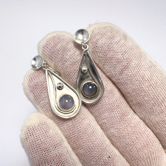 Elsbri, Stockholm 1955. Mid Century Modern Sterling Silver Chalcedony Earrings.