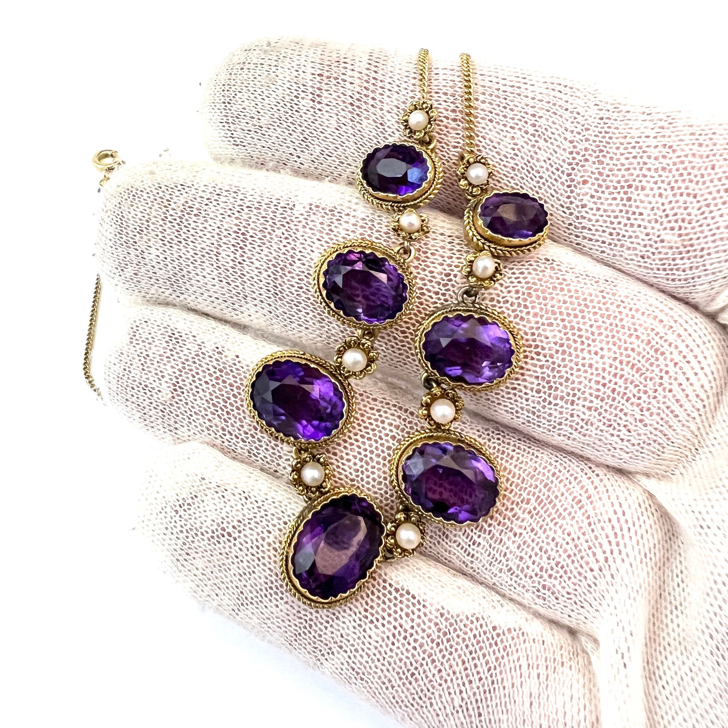 France. Antique Late Victorian 14k Gold Amethyst Pearl Necklace.