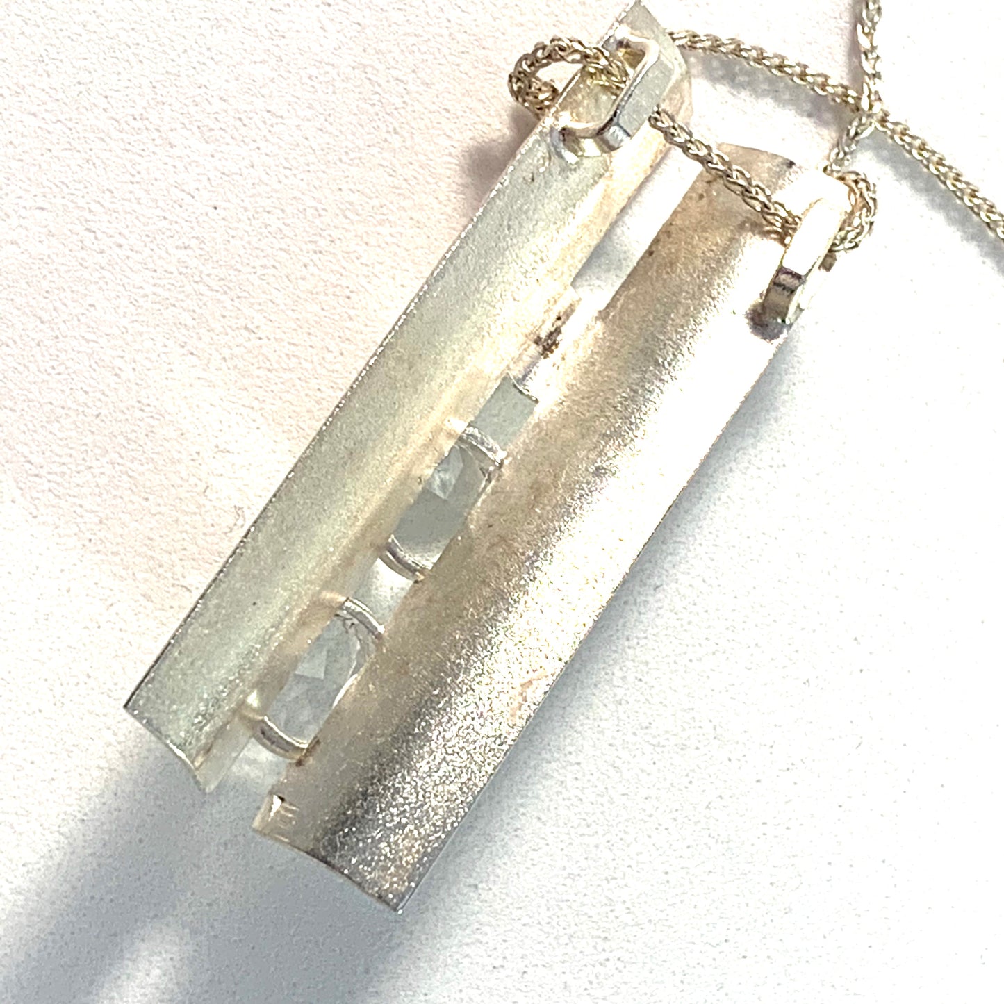 Swedish Import 1970s Sterling Quartz Modernist Pendant Necklace.