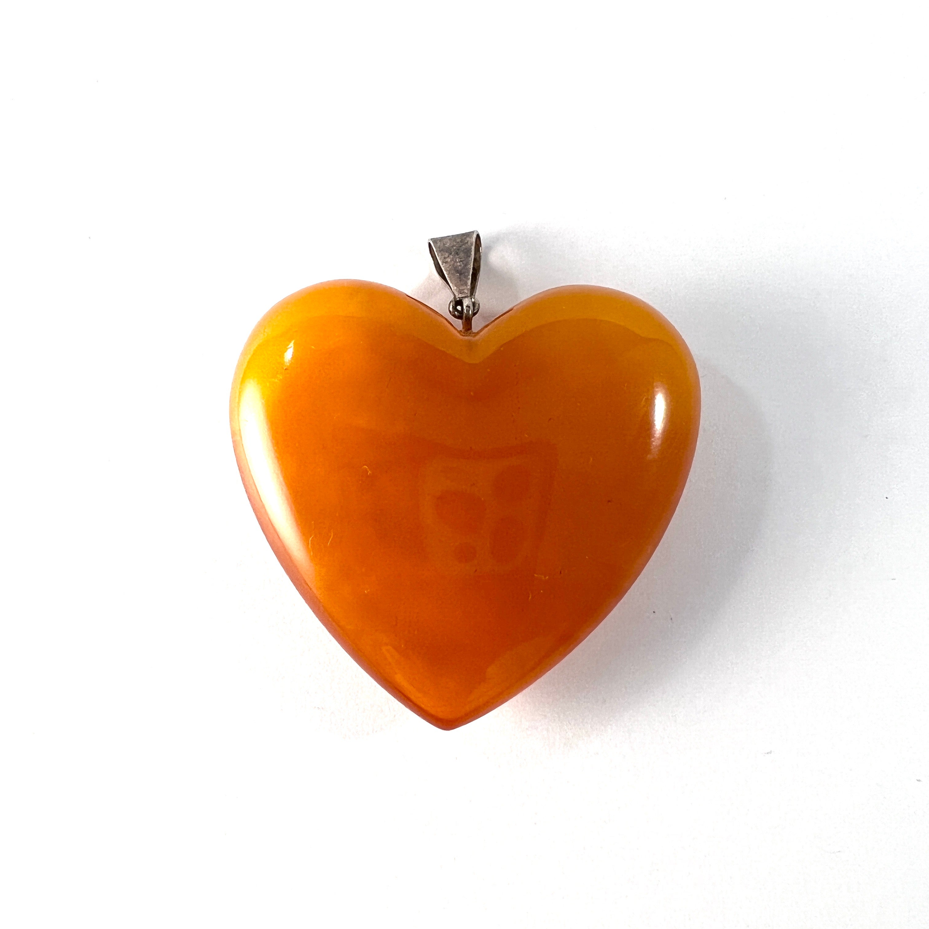 Vintage Sterling Silver Baltic Amber Large Heart Pendant.