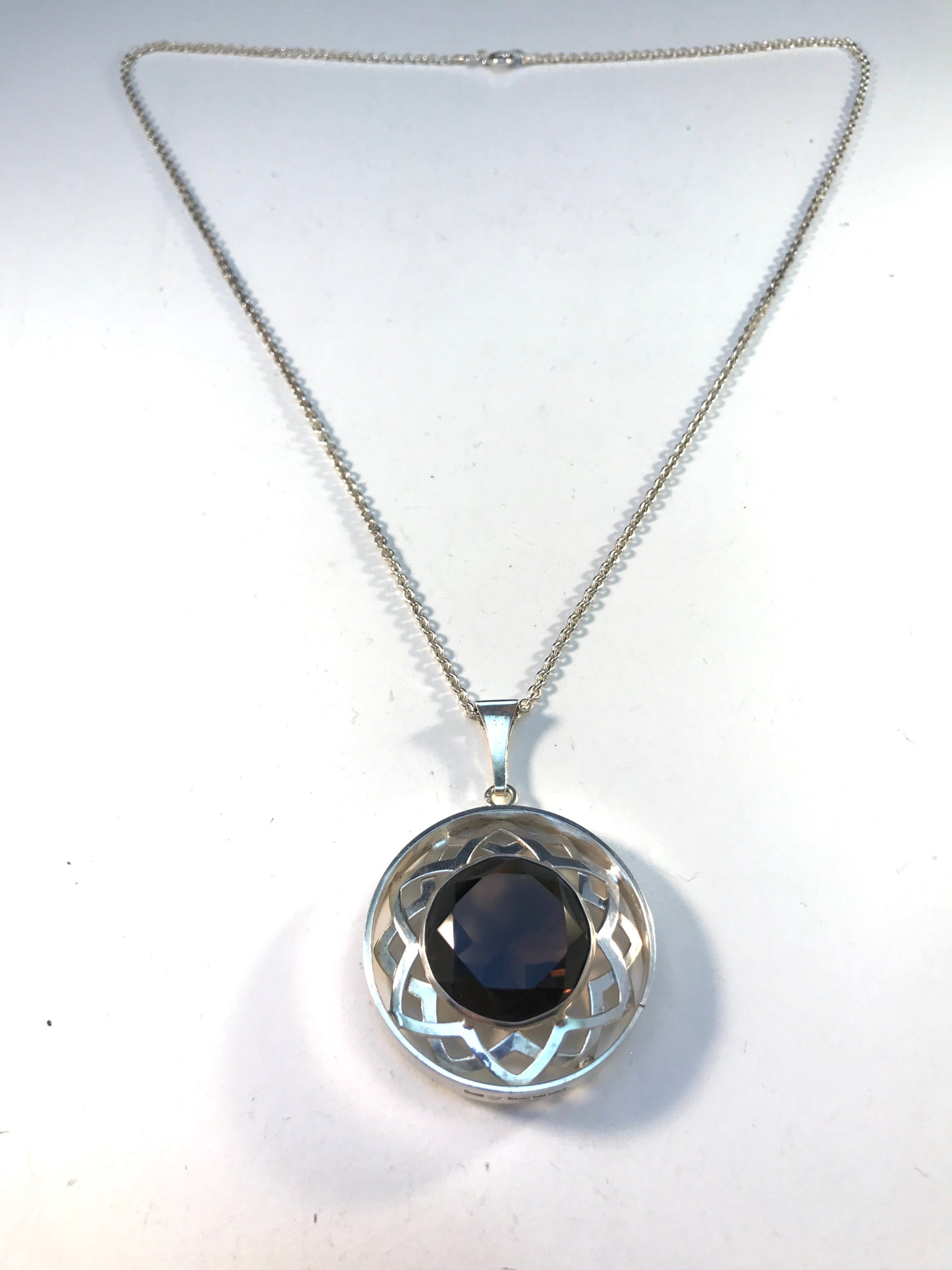 Kultasepat Salovaara, Finland 1973 Modernist Sterling Silver Smoky Quartz Pendant Necklace.