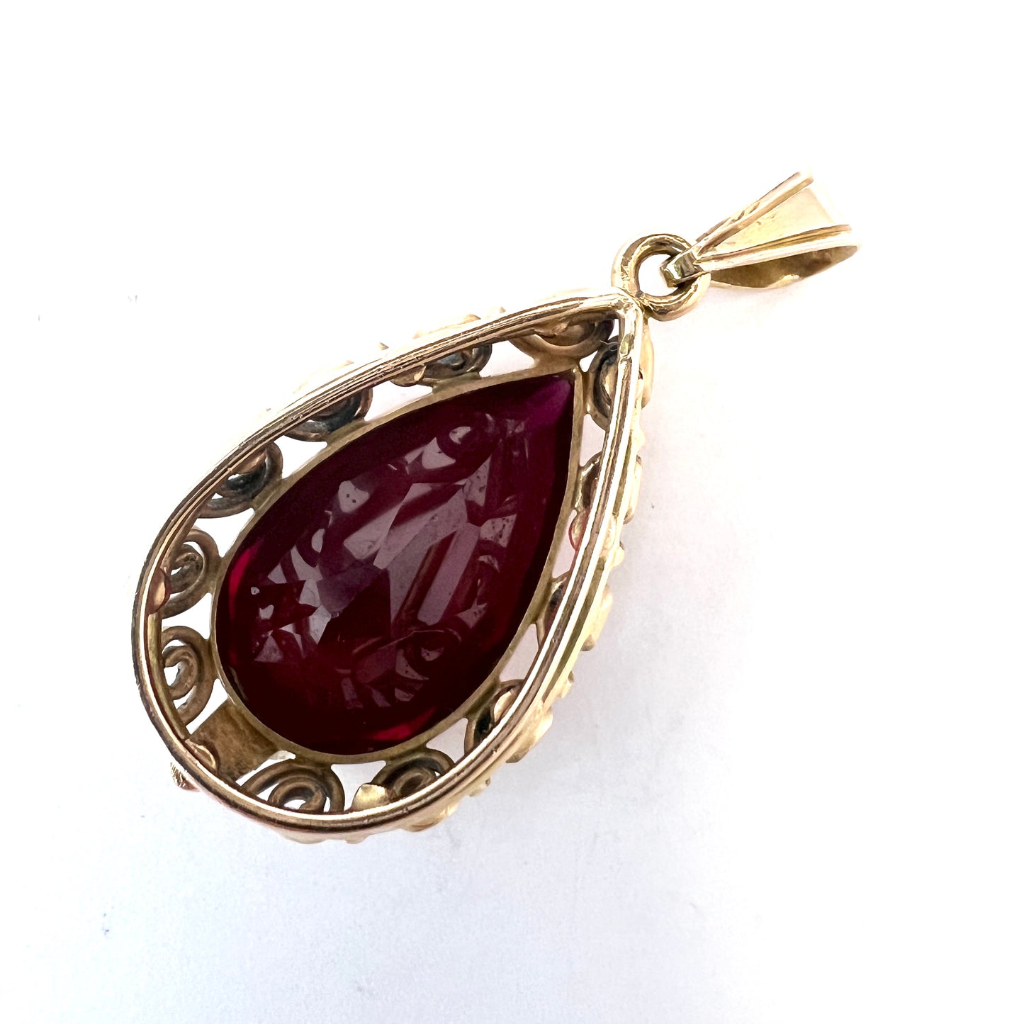 Vintage 1960s. 14k Gold Synthetic Ruby Pendant. Most Likely Poland