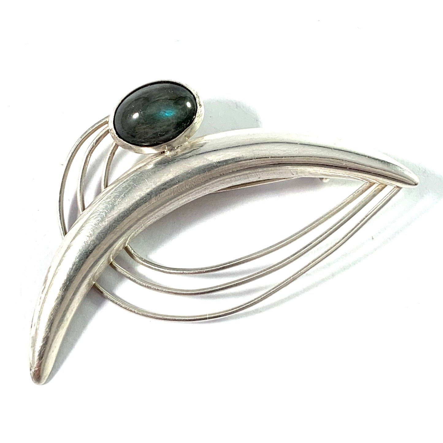 Holger Lindström, Finland 1955. Mid Century Solid Silver Labradorite Brooch.