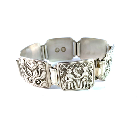 David-Andersen, Norway c 1940-50s. Solid Silver Adam and Eve Panel Bracelet.