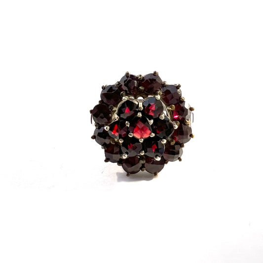Vintage Mid Century Solid Silver Bohemian Garnet Cluster Ring.