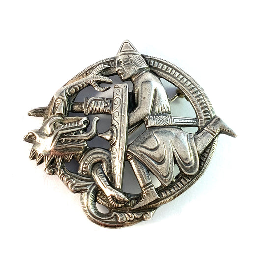 Norway Early 1900s. Large Solid 830 Silver Dragestil Dragon Style Brooch.