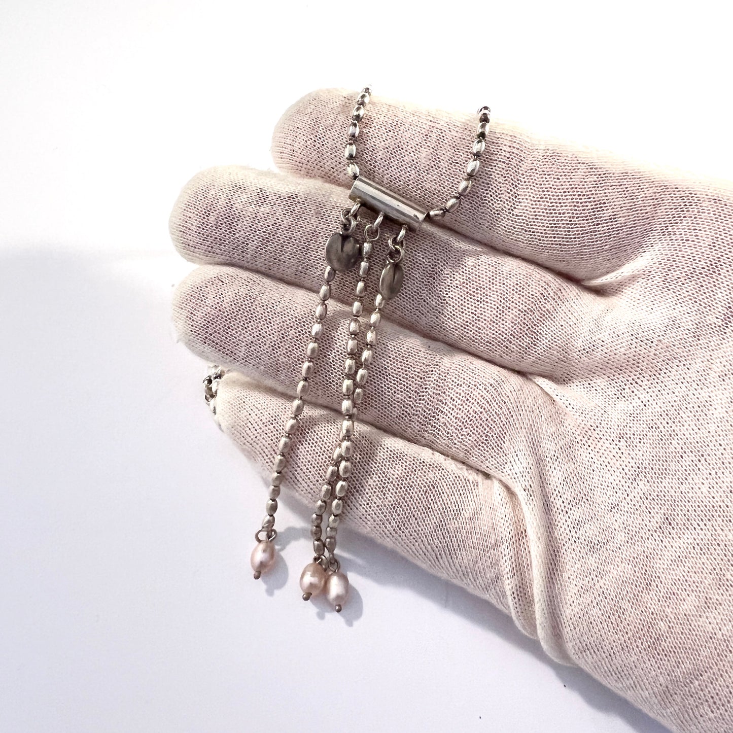 Kalevala Koru, Finland. Vintage Sterling Silver Pink Pearl Heart Pendant Necklace.