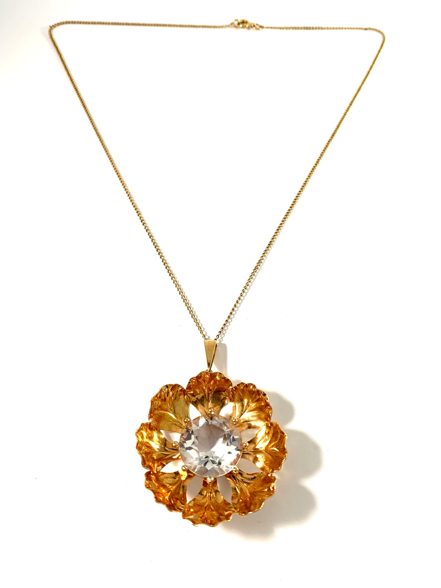 Atelje Stigbert, Sweden 1946. Mid Century Large 18k Gold Rock Crystal Pendant Necklace.
