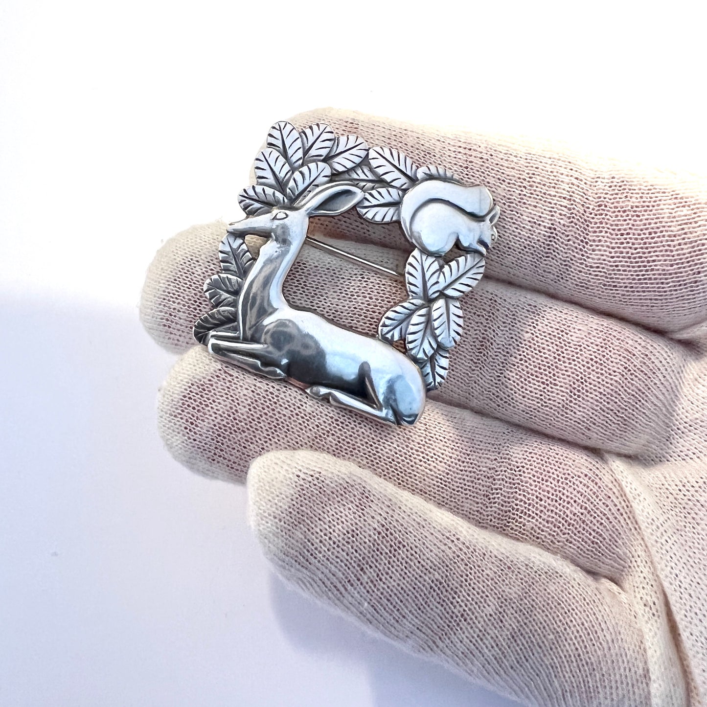 Georg Jensen 1933-44, Design 318 By Arno Malinowski Deer and Squirrel Sterling Brooch.