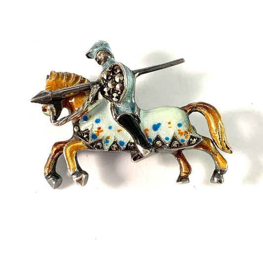 Vintage Mid Century Solid Silver Enamel Marcasite Knight Horse Brooch.