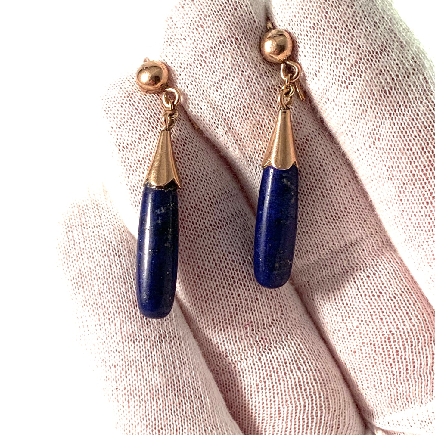 Mid Century 14k Gold Lapis Lazuli Dangle Earrings.