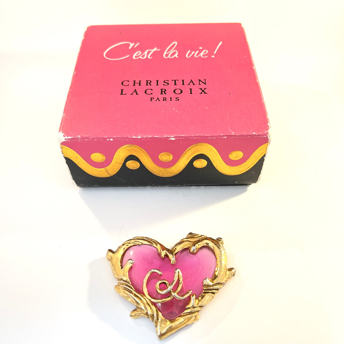 Christian Lacroix, Paris. Vintage Costume Jewelry Logo Heart Brooch. Boxed.