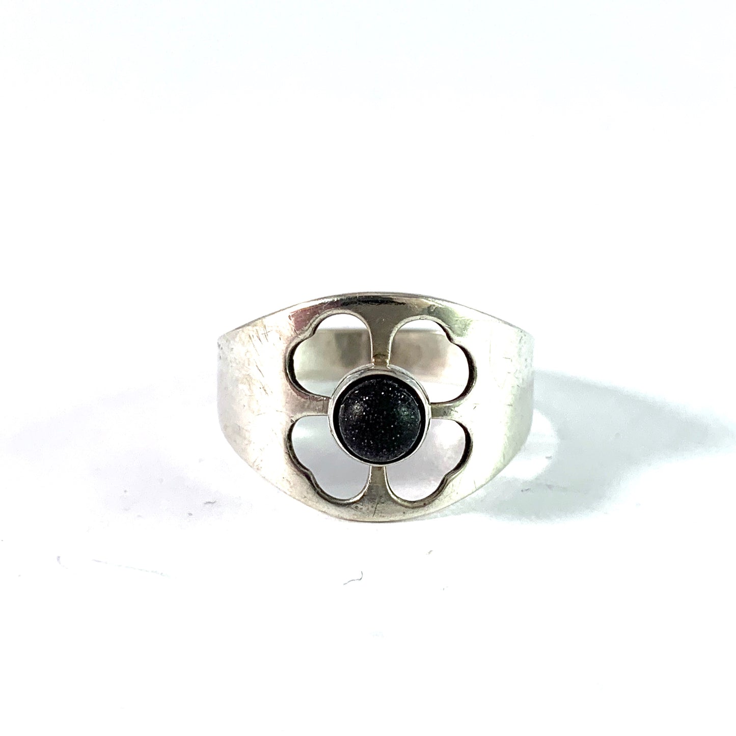 Turun Hopea Finland 1965. Solid Silver Dark Blue Goldstone Ring.